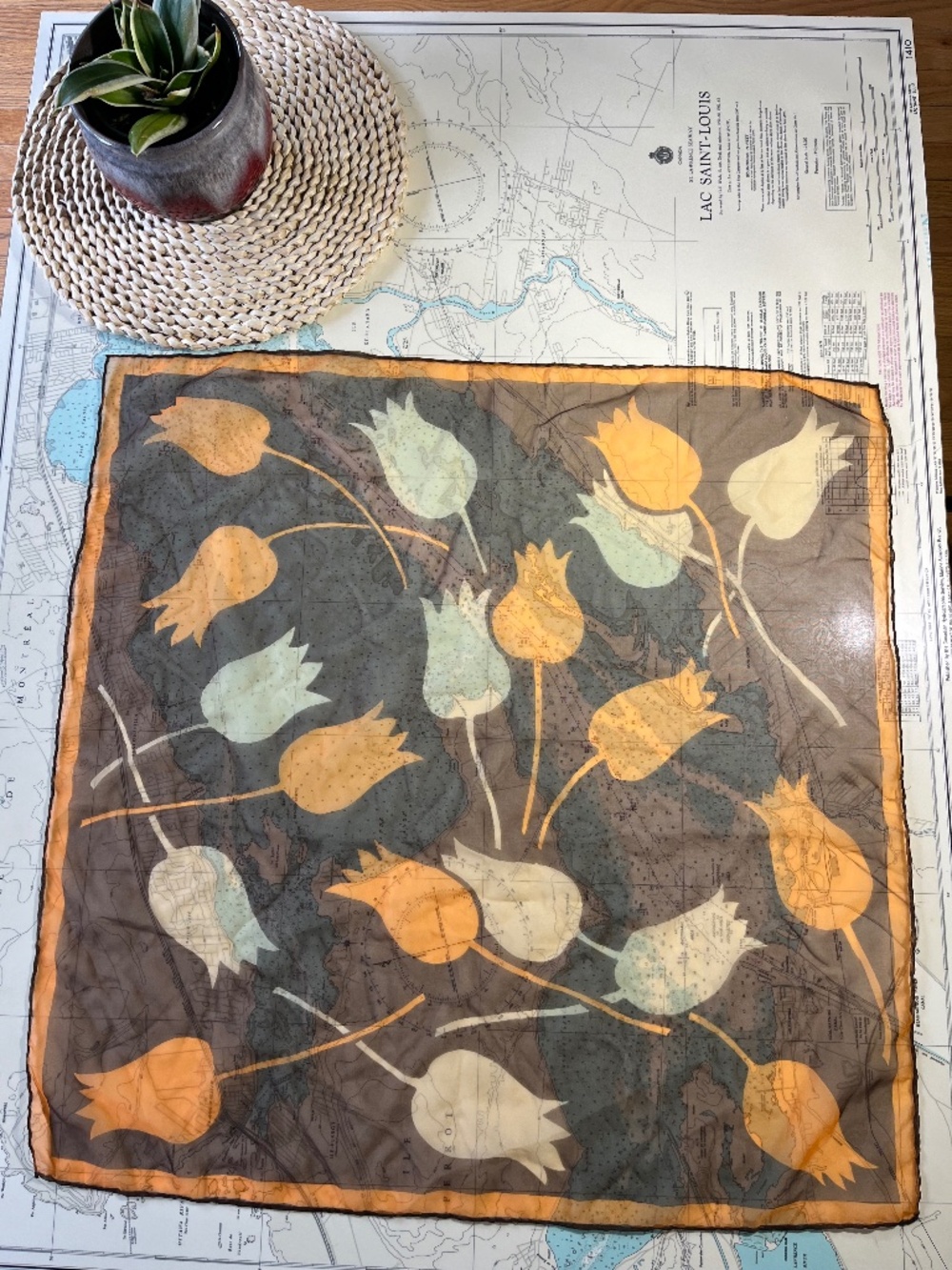 Vintage Tulip Pattern Brown and Orange Sheer Scarf